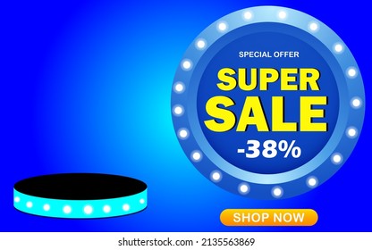 38% off. Super sale banner. 38 percent off. Mega sale special offer. Banner for special promotion announcement. Circular blue template with lights around.