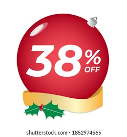 38% off. Thirty-eight percent discount. Christmas sale banner. Red bubble with ornaments on a white background vector.