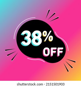 38 % off vector illustration. Thirty eight percent sales promotion. Rounded shape. White, black, blue, yellow and pink.Colorful shadows. Gradient background.