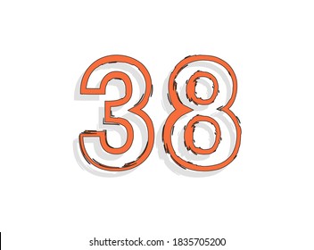 38 orange number, hand drawn brush stroke. Comic style design. For design element, logo, creative poster etc. Vector illustration 