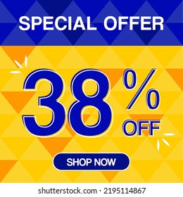 38% percent discoint special offer tag oranje and blue background shop now