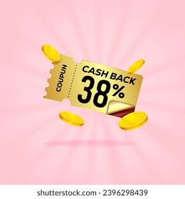 38 percent gift voucher with coupon Cash back. For business promotion sales and Discount online purchases. Tag label, sale banner with golden coin cash back. 