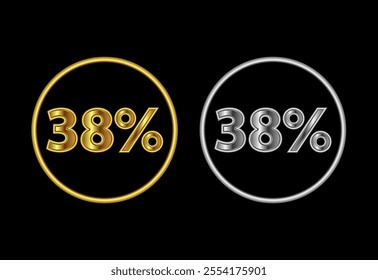 38 percent icon, 38 percent sign symbol in gold and silver color