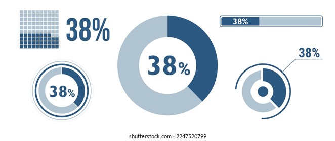 38 percent loading data icon set. Thirty-eight circle diagram, pie donut chart, progress bar. 38% percentage infographic. Vector concept collection, blue color.