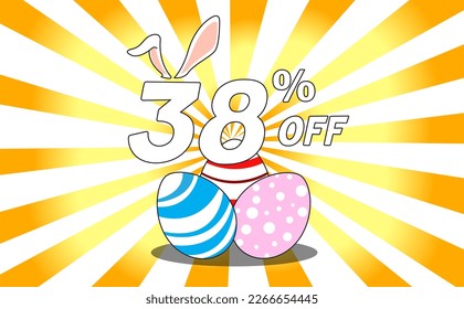 38 percent off. Banner with colorful easter eggs, bunny ears and background with yellow and orange gradient rays