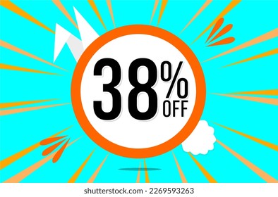 38 percent off. Blue banner with floating orange and white balloon for easter special offer and promotion.