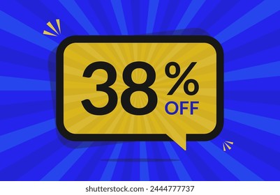 38 percent off. 38% discount. Blue and Yellow banner with floating balloon for promotions and offers.