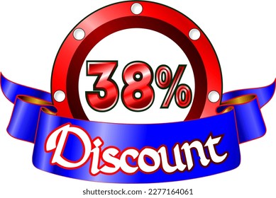 38 percent off, red disk and blue ribbon, vector illustration for wholesale and retail, illustrative art, beautiful percentage % illustration, vector banner. God is good!