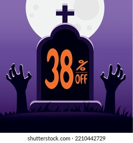 38 percent off. tomb with the phrase "38% off" and with zombie hands coming out of the ground. main color is purple