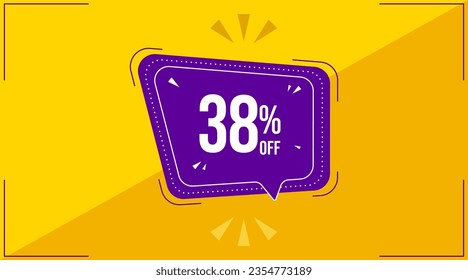 38 percent, thirty eight percent. Discount banner shape. Sale coupon purple bubble icon. Special offer badge. Yellow abstract background. Modern concept design. Banner with offer badge. Vector