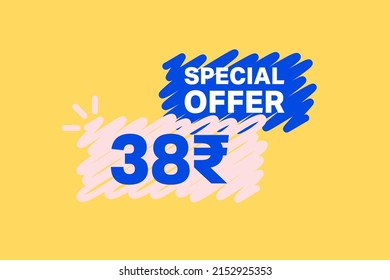 38 Rupee OFF Sale Discount banner shape template. Super Sale 38 Indian rupee Special offer badge end of the season sale coupon bubble icon. Discount offer price tag vector illustration.