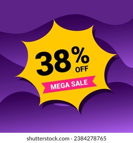 38% sale badge vector illustration on a purple gradient background. Thirty eight percent price tag. Yellow and purple.