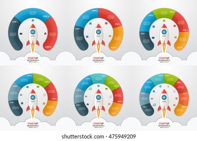 3-8 steps startup circle infographic templates set with rocket. Business concept. Vector illustration.