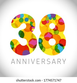 38 th anniversary numbers. 38 years old multicolored congrats. Cute congratulation concept. Isolated abstract graphic design template. Age digits. Up to 38%, -38% percent off discount. Decorative sign