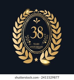 38 Th Years Anniversary celebration. Vector Template festive illustration Golden Color,. Birthday or wedding party event decoration.