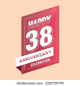 38 th years anniversary logo template on brown background. celebrating whitenumbers with whiteribbon vector and confetti isolated design elements
