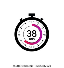 38 timer minutes symbol, 38 min timer clock icon flat design isolated on white background.