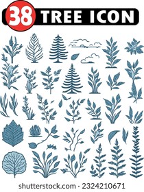 38 iconos de línea plana de árboles establecidos. Plantas, diseño paisajístico, árbol de abetos, suculento, arbusto de privacidad, césped, ilustraciones de vectores de flores. Paneles delgados para la tienda del jardín.