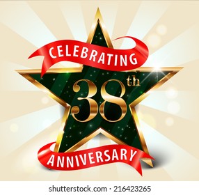 38 year anniversary celebration golden star ribbon, celebrating 38th anniversary decorative golden invitation card - vector eps10