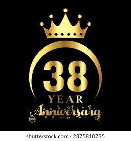 38 year anniversary celebration. Anniversary logo with crown and golden color vector illustration.