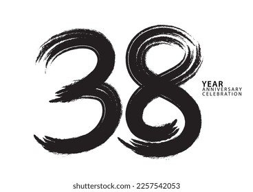 38 year anniversary celebration logotype black paintbrush vector, 38 number design, 38th Birthday invitation, anniversary template, logo number design vector, calligraphy font, typography logo