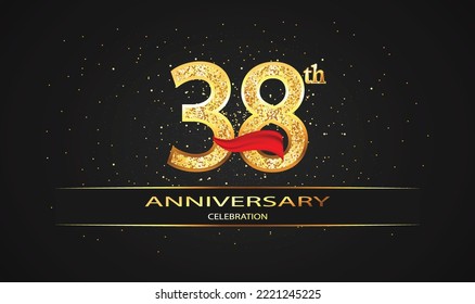 38 Year Anniversary celebration Vector Design with red ribbon and glitter. 38th Anniversary celebration. Gold Luxury Banner of 38th Anniversary. celebration card