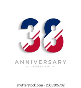 38 Year Anniversary Celebration with White Slash in Red and Blue American Flag Color. Happy Anniversary Greeting Celebrates Event Isolated on White Background