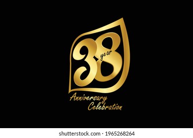 38 year anniversary gold color minimalist logo with golden leaf line jubilee, greeting card. Birthday invitation sign. Gold space vector illustration on Black background - Vector