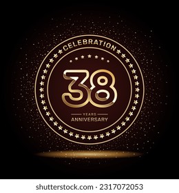 38 year anniversary logo design with double line numbers in gold color, vector template