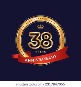 38 year anniversary logo with gold ring and red ribbon, vector template