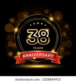 38 year anniversary logo with a gold emblem shape and red ribbon, logo template vector