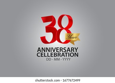 38 Year Anniversary Red Color Ribbon style with Golden Ribbon Color on Grey Background - Vector