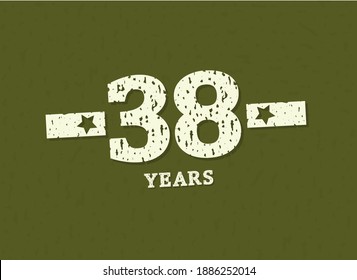38 years anniversary with badge military, grunge pattern. Army design with star on green camouflage background. Vector perfect for any military labels, posters and armed force etc.