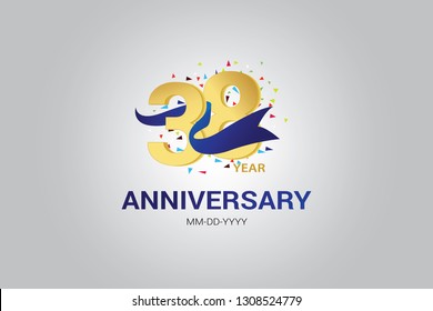 38 years anniversary blue ribbon celebration logotype. anniversary logo with golden and Spark light white color isolated on black background, vector design for celebration, invitation vector