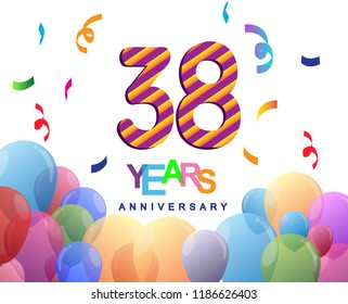 38 years anniversary celebration with colorful balloons and confetti, colorful design for greeting card birthday celebration