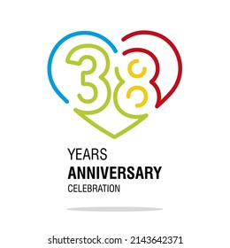 38 years anniversary celebration decoration colorful number bounded by a loving heart modern love line design logo icon white background