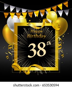 38 years anniversary celebration design. with confetti, balloon and flag golden colored isolated on black background, vector design for greeting card and invitation card