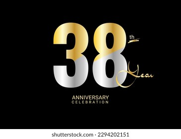 38 Years Anniversary Celebration gold and silver Vector Template, 38 number logo design, 38th Birthday Logo,  logotype Anniversary, Vector Anniversary For Celebration, poster, Invitation Card