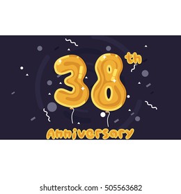 38 Years Anniversary Celebration Logo, Yellow foil balloon colored, Isolated on Dark Purple Background