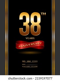 38 years anniversary celebration logotype with elegant gold color and ribbon for booklet, leaflet, magazine, brochure poster, banner, web, invitation or greeting card. Vector illustrations.