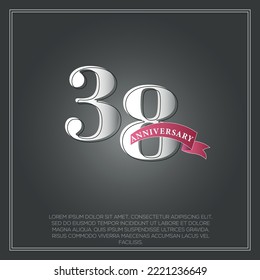 38 Years Anniversary celebration logotype colored with shiny gray, using ribbon and isolated on black background
