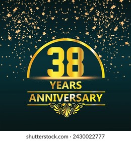 38 years anniversary. celebration logotype. Logo with golden and on dark pink background, vector design for invitation card, greeting card.