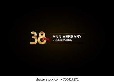 38 Years Anniversary Celebration Logotype with Golden, Silver color  and Red Ribbon Isolated on Black Background, Vector Design for  Invitation Card and Greeting Card.