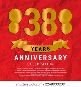 38 Years Anniversary celebration. Luxury happy birthday card background with elements balloons and ribbon with glitter effects. Abstract Red with Confetti and Golden Ribbon. Vector Illustration EPS10