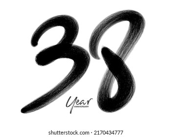 38 Years Anniversary Celebration Vector Template, 38 Years  logo design, 38th birthday, Black Lettering Numbers brush drawing hand drawn sketch, number logo design vector illustration