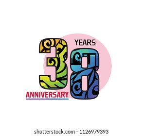 38 years anniversary with colorful tribal and pink circle. Vector illustration isolated on white background