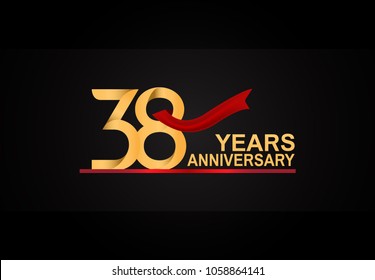 38 years anniversary design with red ribbon and golden color isolated on black background