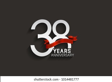 38 years anniversary design with silver color and red ribbon isolated on black background for celebration event