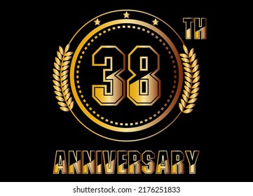 38 years anniversary. Gold vector with rings for 38 years anniversary celebration on black background.