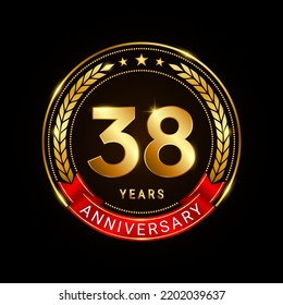 38 years anniversary, golden anniversary celebration logotype with red ribbon isolated on black background, vector illustration